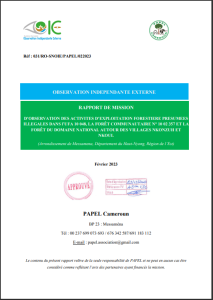 Lire la suite à propos de l’article RAPPORT DE MISSION D’OBSERVATION DES ACTIVITES D’EXPLOITATION FORESTIERE PRESUMEES ILLEGALES DANS l’UFA 10 048, LA FORÊT COMMUNAUTAIRE N° 10 02 357 ET LA FORÊT DU DOMAINE NATIONAL AUTOUR DES VILLAGES NKONZUH ET NKOUL, Février 2023