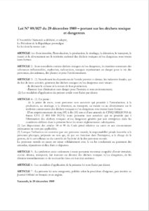 Lire la suite à propos de l’article Loi N° 89/027 du 29 décembre 1989 – portant sur les déchets toxiqueet dangereux