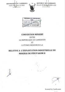Lire la suite à propos de l’article CONVENTION MINIERE ENTRE LA REPUBLIQUE DU CAMEROUN ET G-STONES RESOURCES S.A RELATIVE A L’EXPLOITATION INDUSTRIELLE DU MINERAI DE FER D’AKOM II